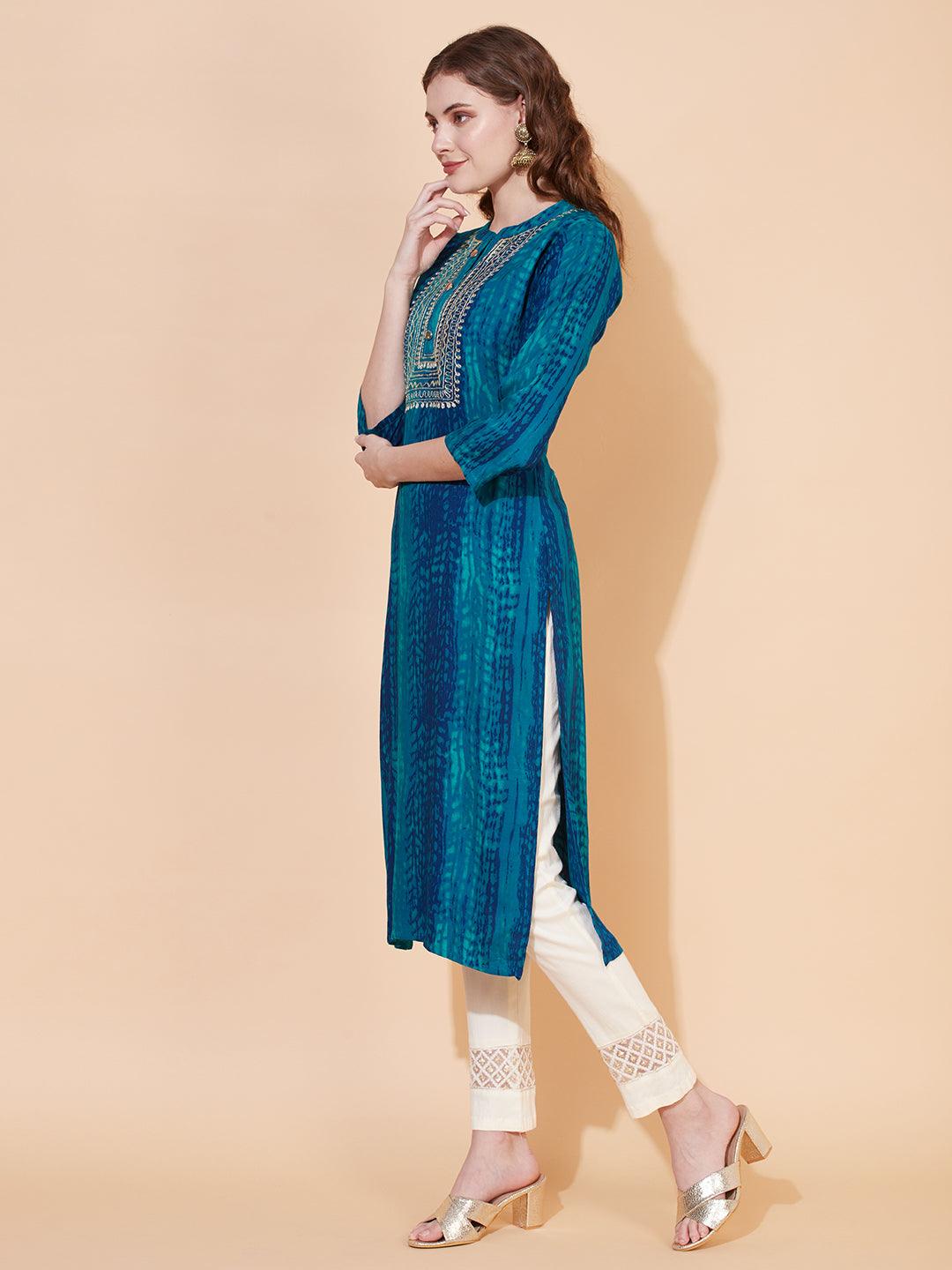 Ethnic Printed & Embroidered Straight Fit Kurta – Multi - Indiakreations