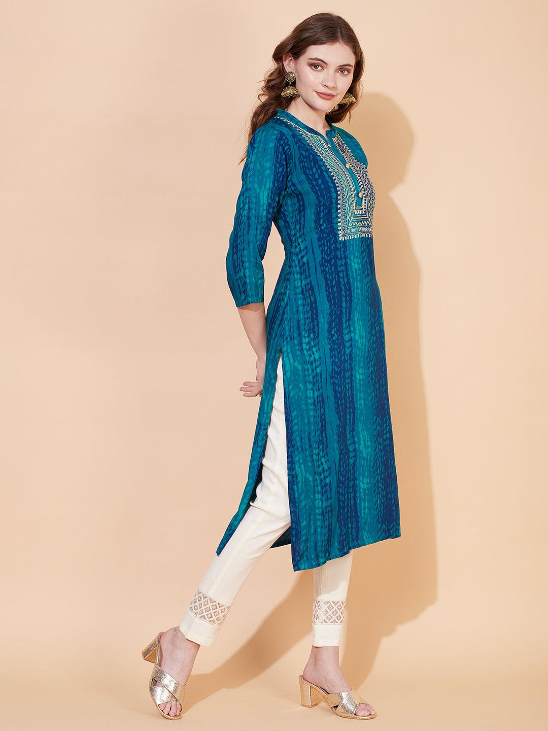 Ethnic Printed & Embroidered Straight Fit Kurta – Multi - Indiakreations