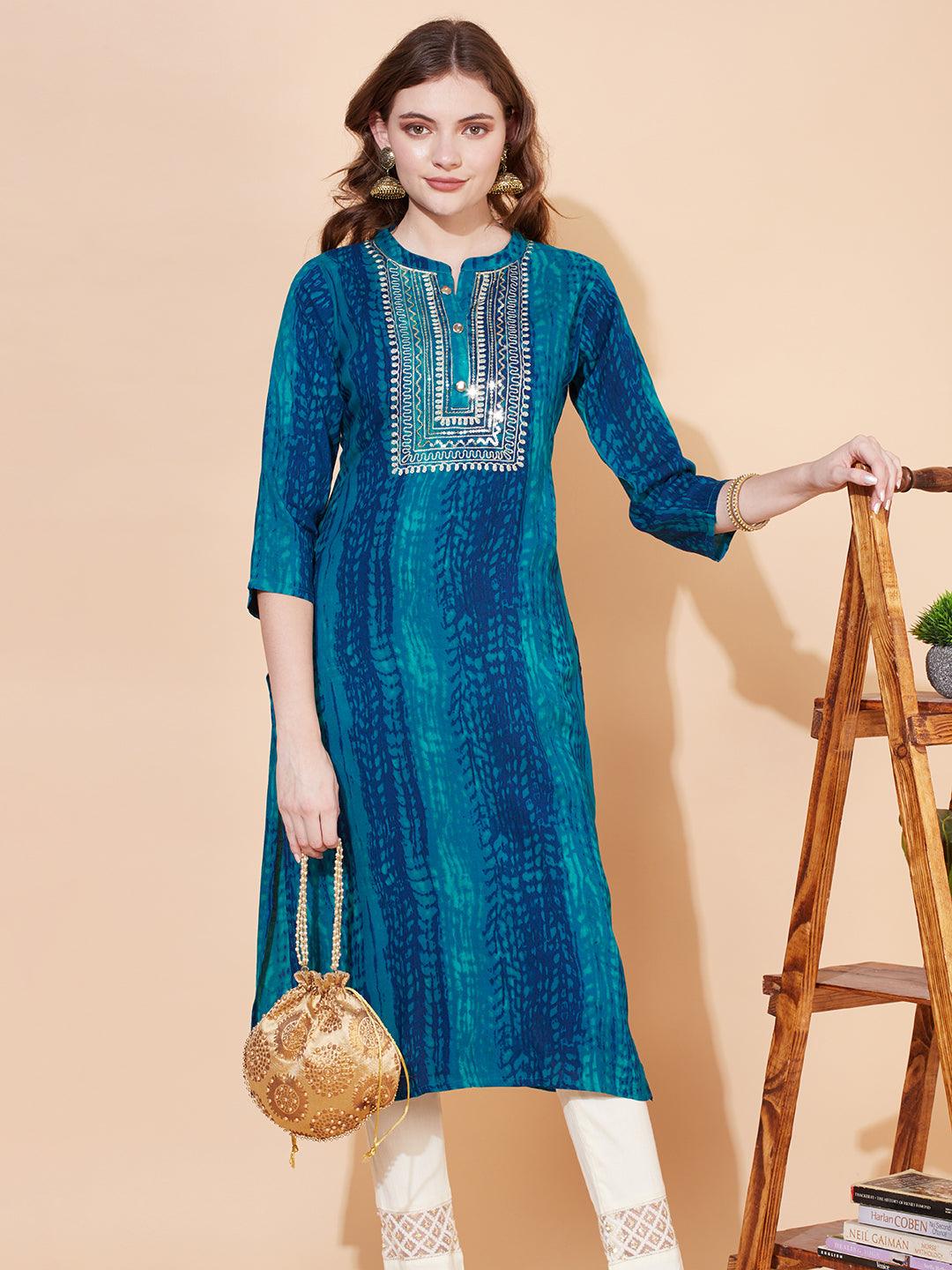 Ethnic Printed & Embroidered Straight Fit Kurta – Multi - Indiakreations