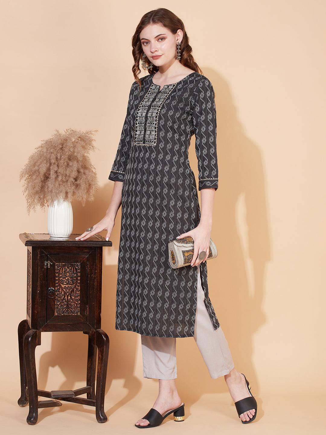 Kantha Woven & Embroidered Straight Fit Kurta – Black - Indiakreations