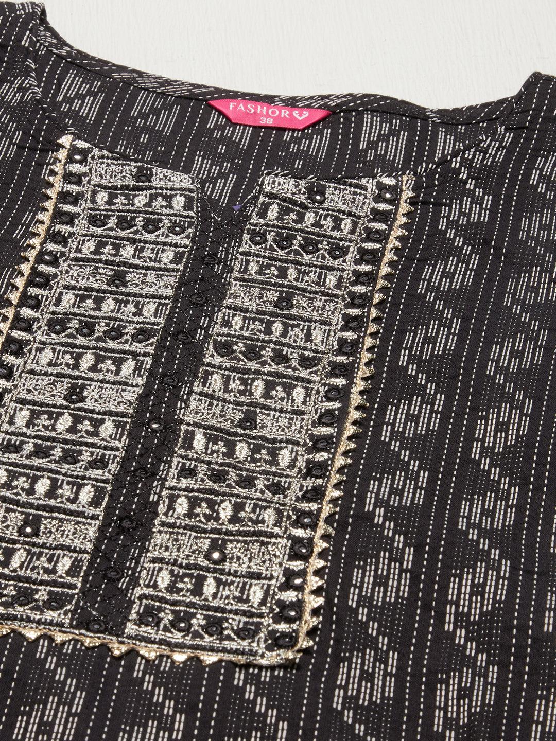 Kantha Woven & Embroidered Straight Fit Kurta – Black - Indiakreations