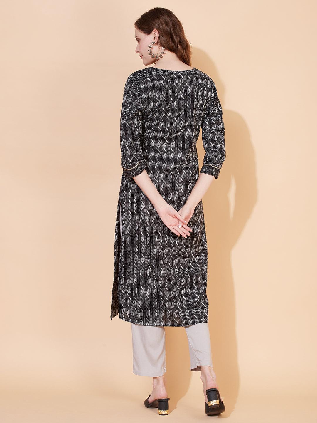 Kantha Woven & Embroidered Straight Fit Kurta – Black - Indiakreations