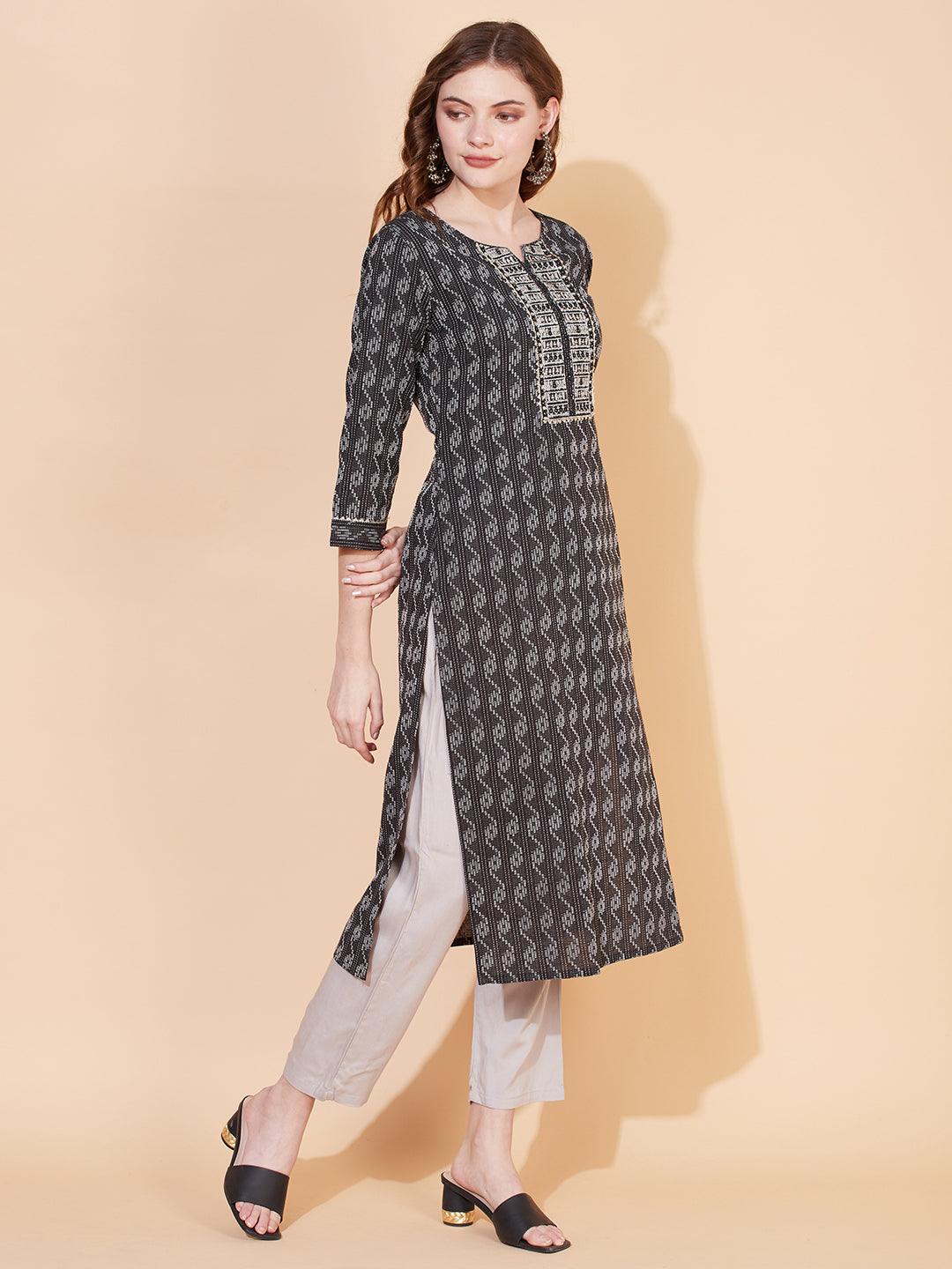 Kantha Woven & Embroidered Straight Fit Kurta – Black - Indiakreations