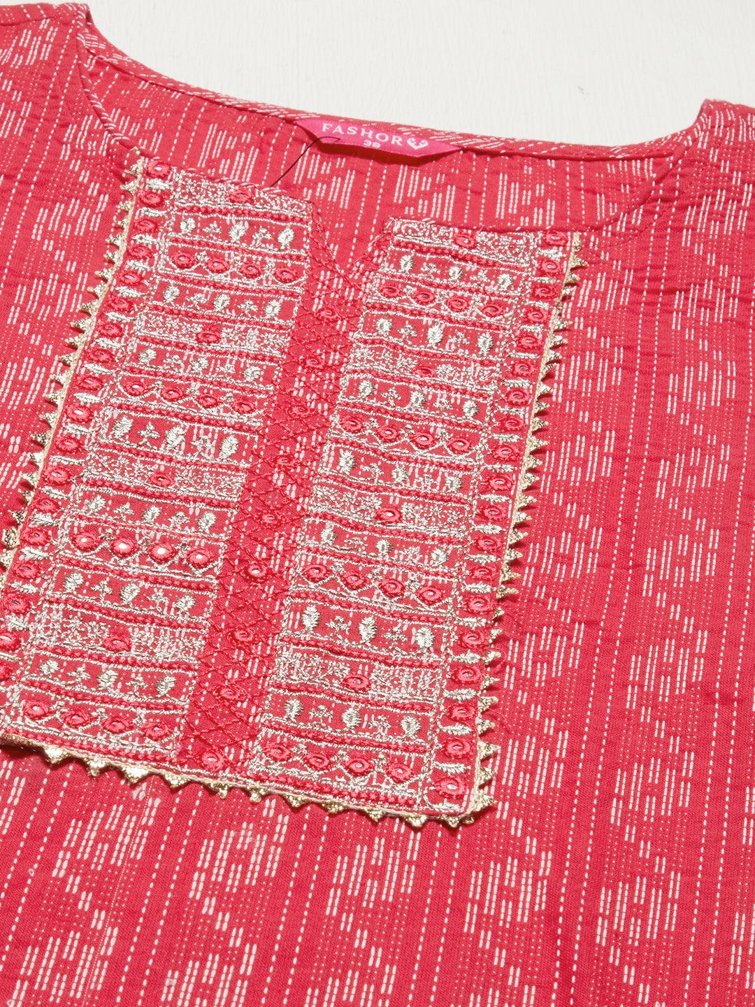 Kantha Woven & Embroidered Straight Fit Kurta – Pink - Indiakreations