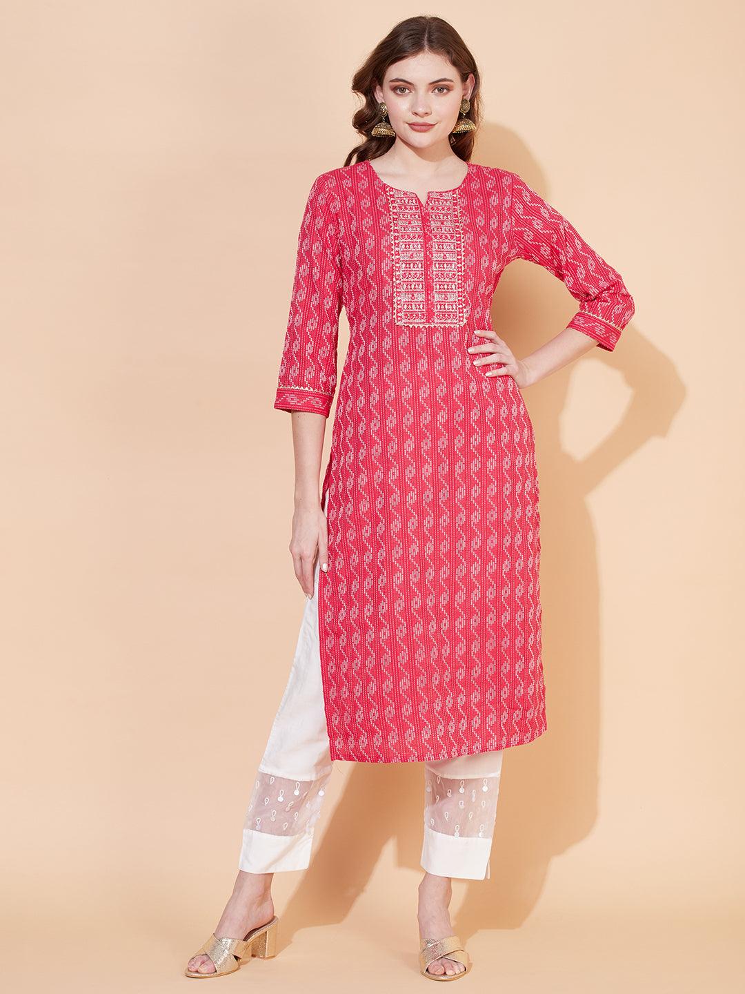 Kantha Woven & Embroidered Straight Fit Kurta – Pink - Indiakreations