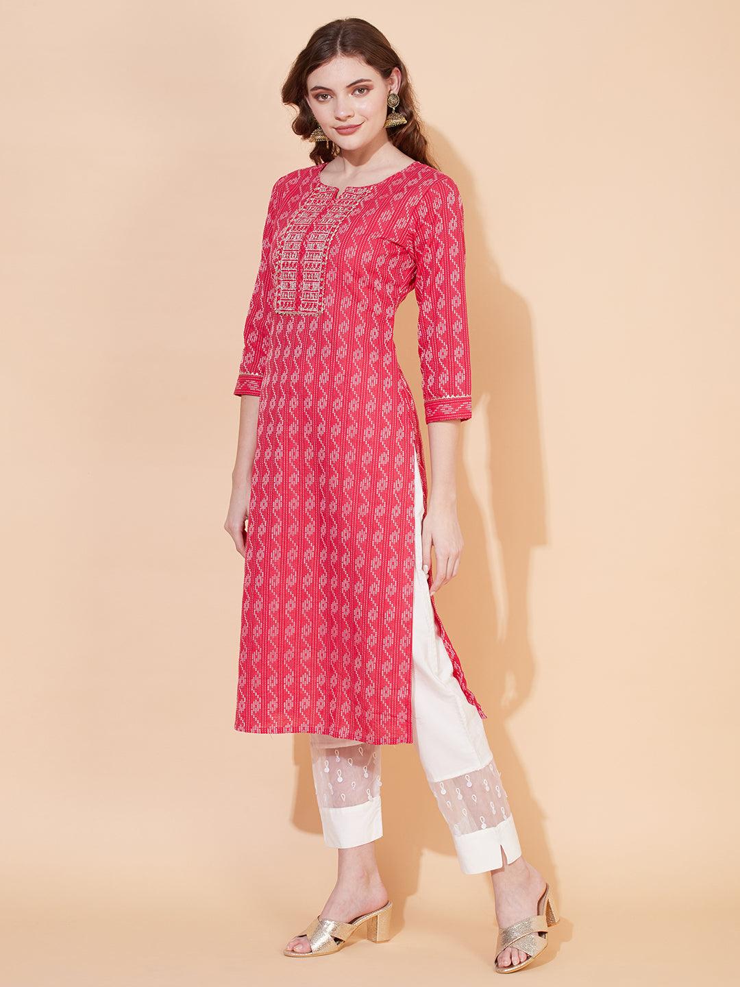 Kantha Woven & Embroidered Straight Fit Kurta – Pink - Indiakreations