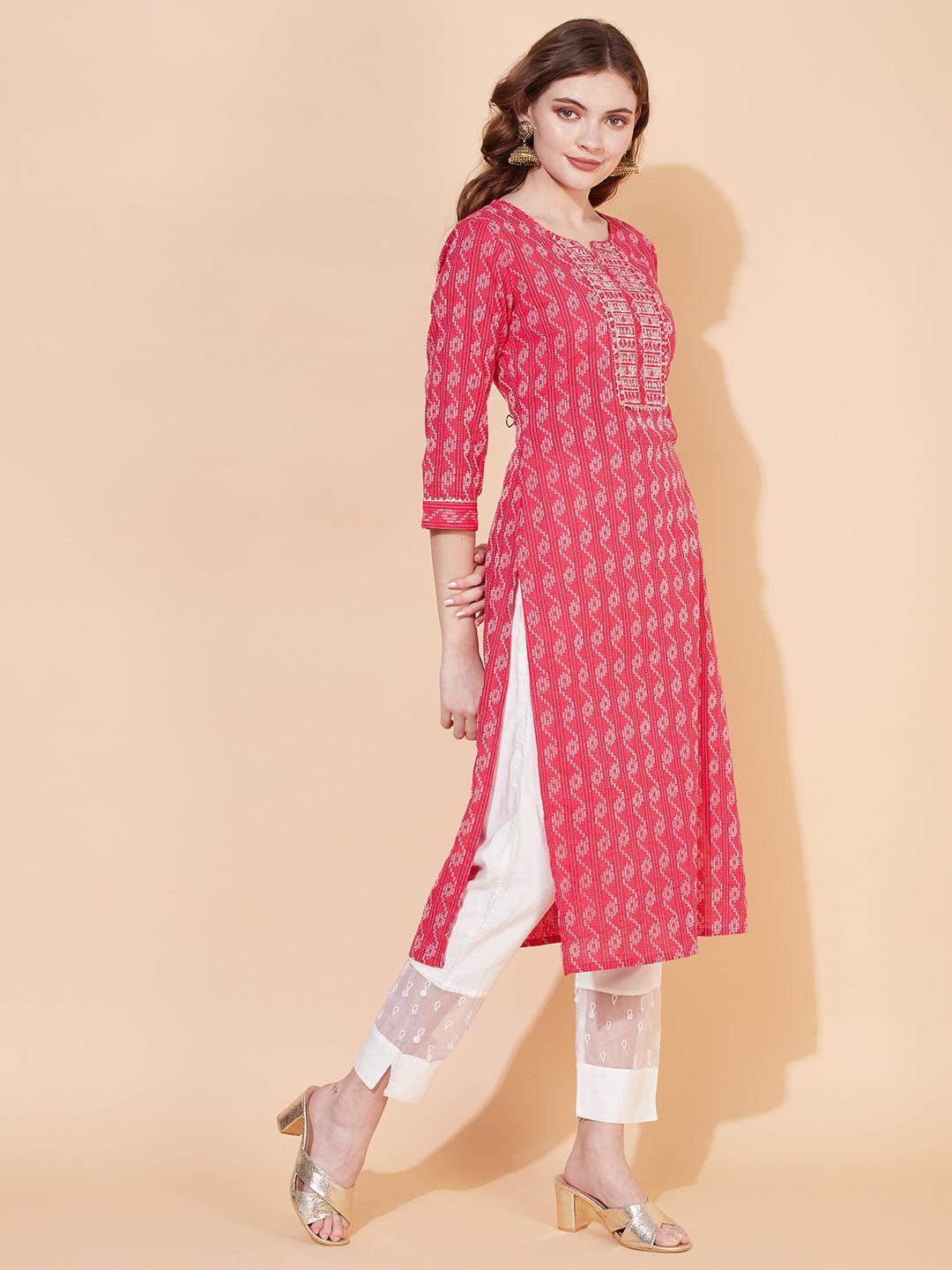 Kantha Woven & Embroidered Straight Fit Kurta – Pink - Indiakreations