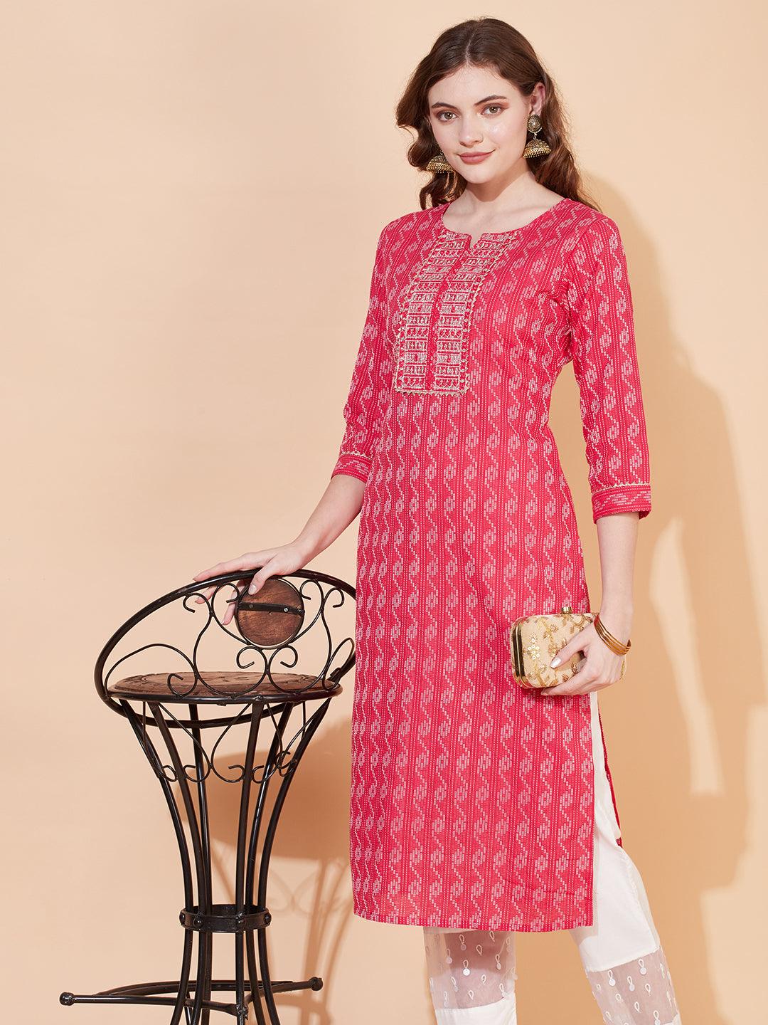 Kantha Woven & Embroidered Straight Fit Kurta – Pink - Indiakreations