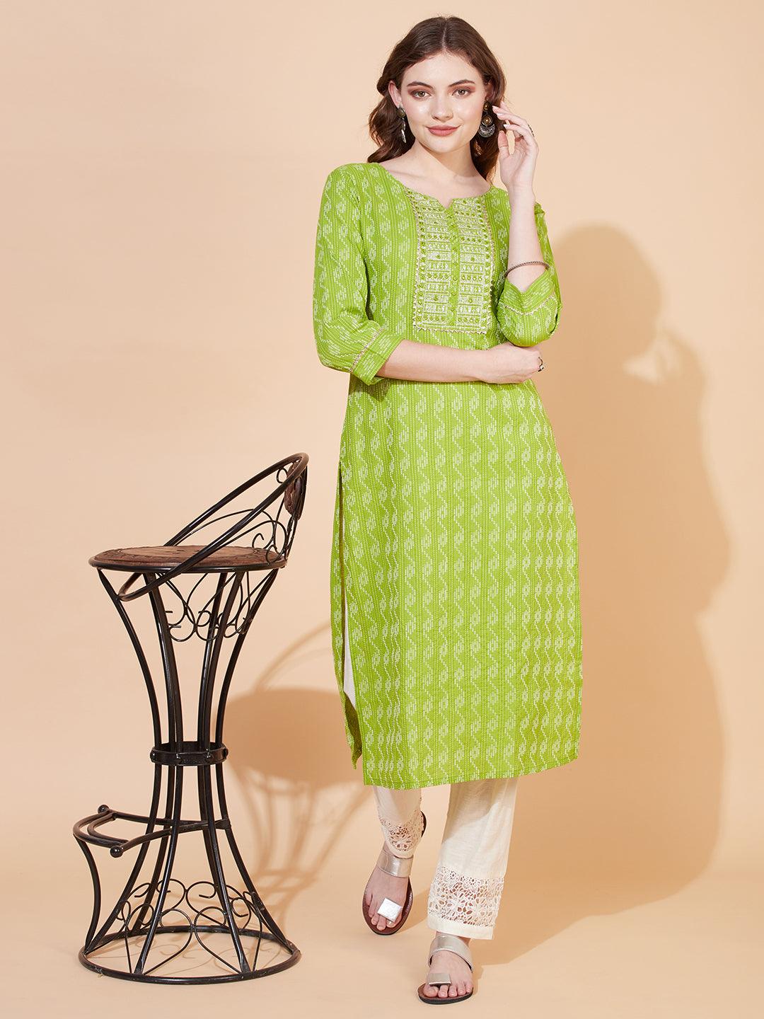 Kantha Woven & Embroidered Straight Fit Kurta – Parrot Green - Indiakreations