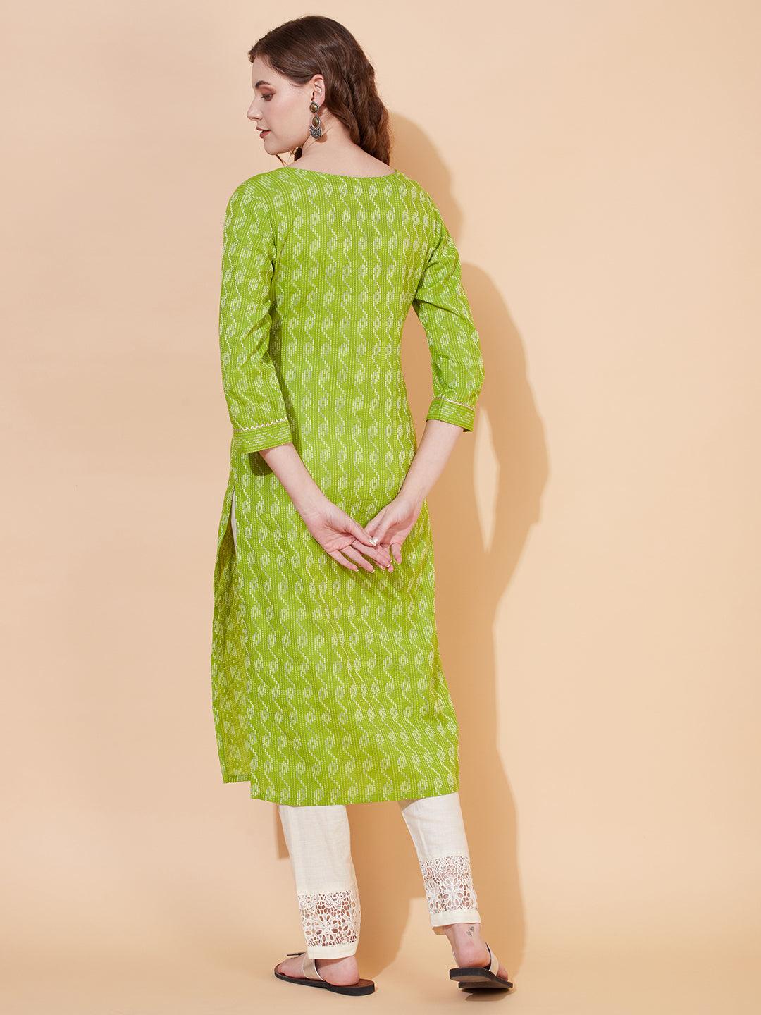 Kantha Woven & Embroidered Straight Fit Kurta – Parrot Green - Indiakreations