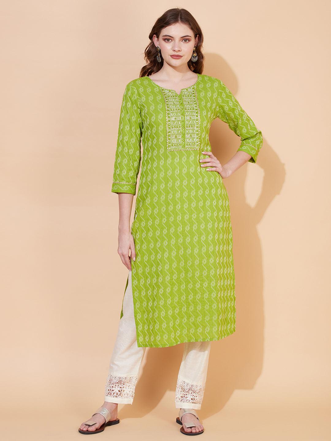 Kantha Woven & Embroidered Straight Fit Kurta – Parrot Green - Indiakreations