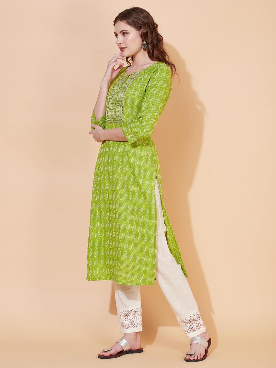 Kantha Woven & Embroidered Straight Fit Kurta – Parrot Green - Indiakreations