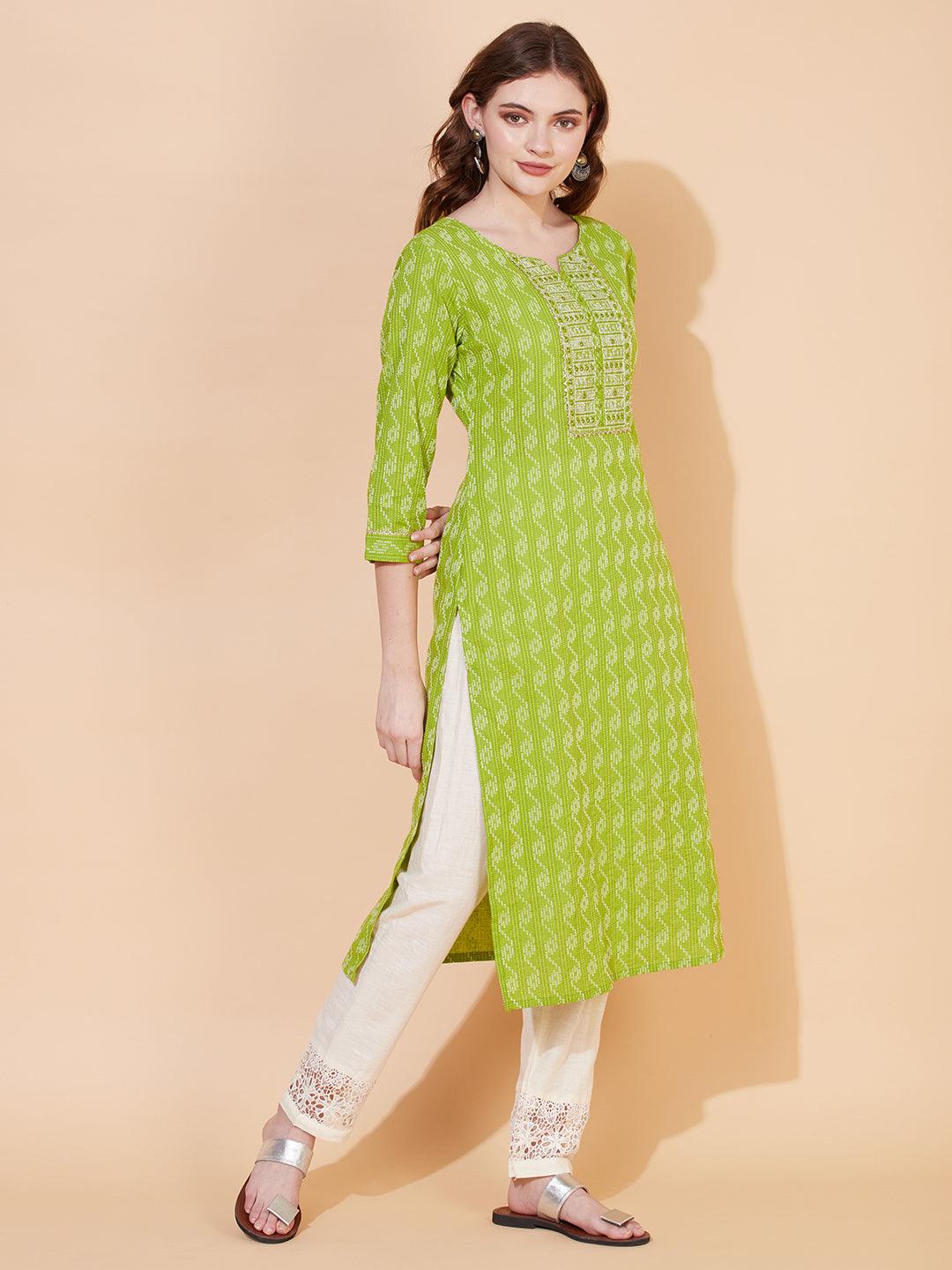 Kantha Woven & Embroidered Straight Fit Kurta – Parrot Green - Indiakreations