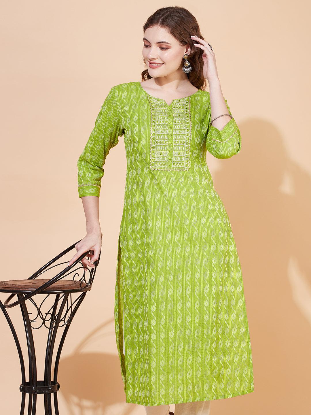 Kantha Woven & Embroidered Straight Fit Kurta – Parrot Green - Indiakreations