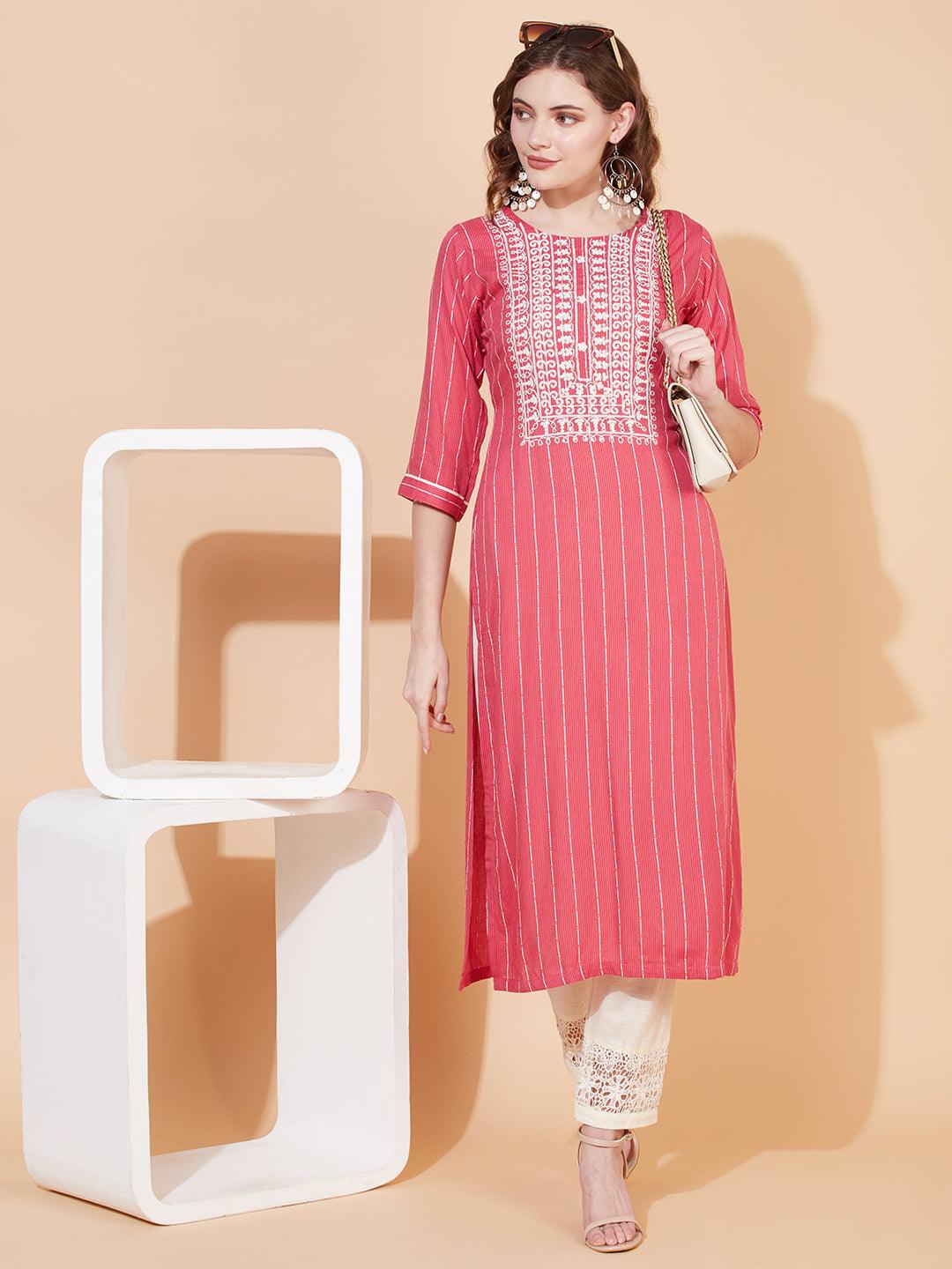 Stripes Woven & Ethnic Embroidered Straight Fit Kurta – Pink - Indiakreations