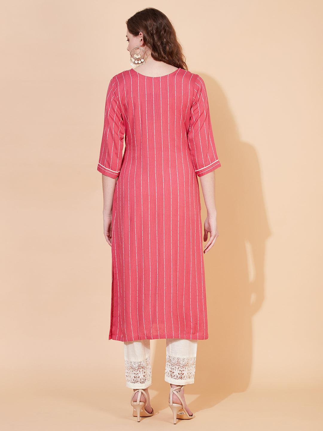 Stripes Woven & Ethnic Embroidered Straight Fit Kurta – Pink - Indiakreations