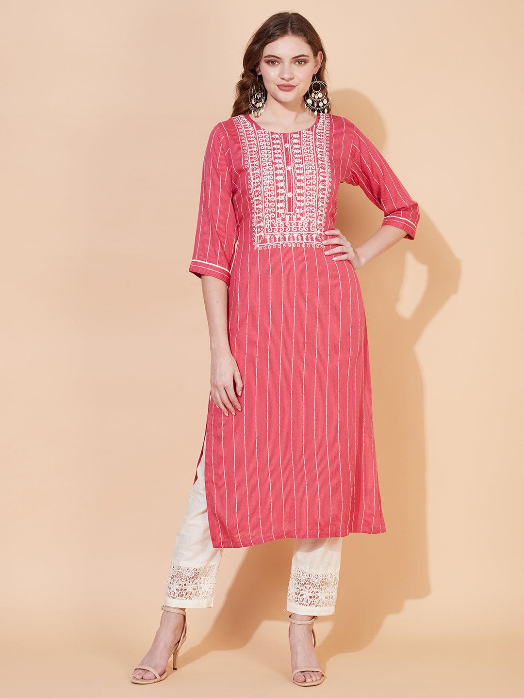 Stripes Woven & Ethnic Embroidered Straight Fit Kurta – Pink - Indiakreations