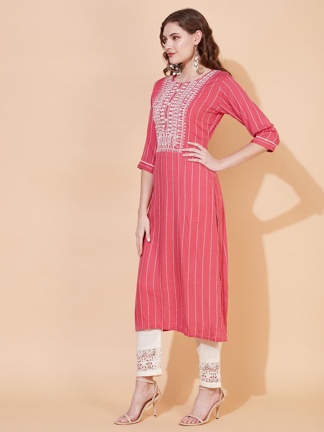 Stripes Woven & Ethnic Embroidered Straight Fit Kurta – Pink - Indiakreations