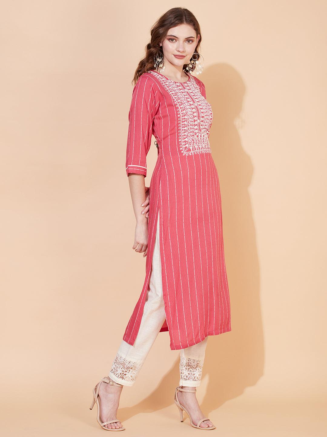 Stripes Woven & Ethnic Embroidered Straight Fit Kurta – Pink - Indiakreations