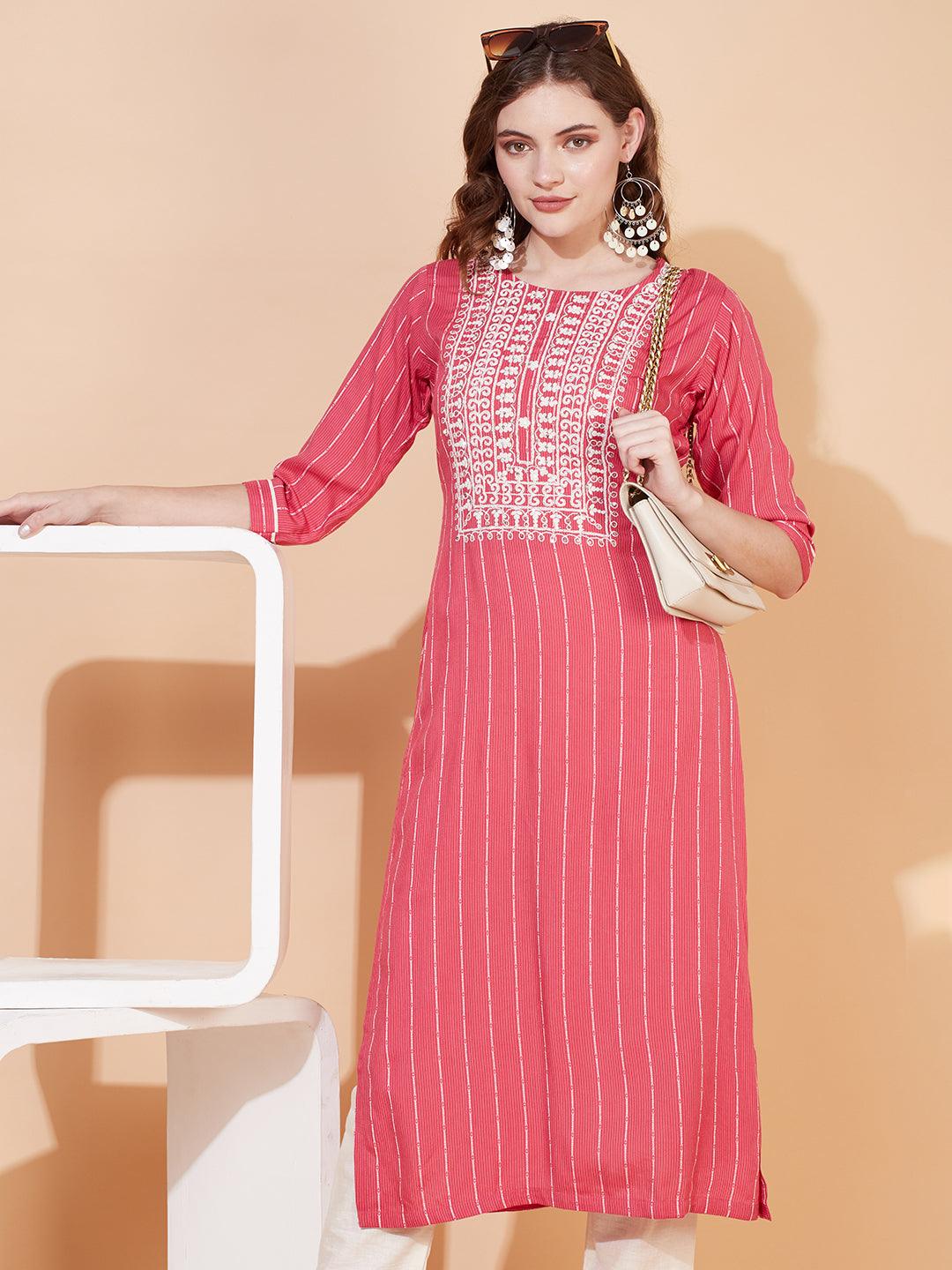 Stripes Woven & Ethnic Embroidered Straight Fit Kurta – Pink - Indiakreations