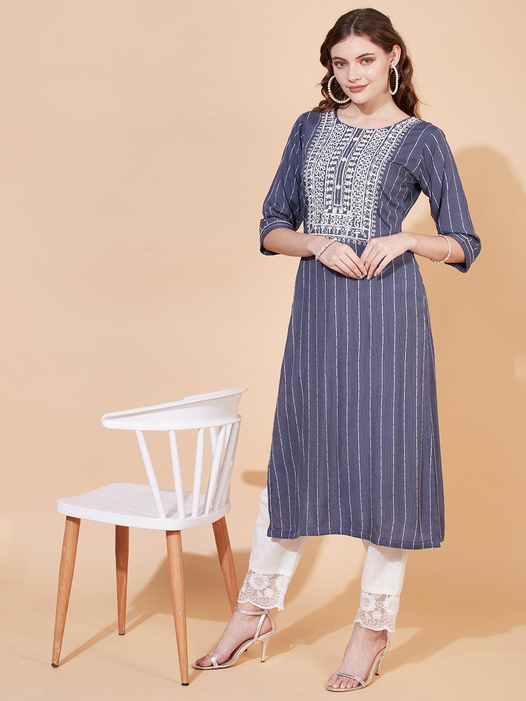 Stripes Woven & Ethnic Embroidered Straight Fit Kurta – Blue - Indiakreations