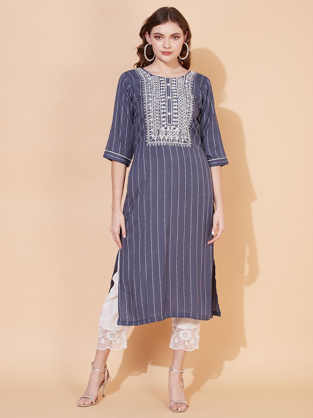 Stripes Woven & Ethnic Embroidered Straight Fit Kurta – Blue - Indiakreations