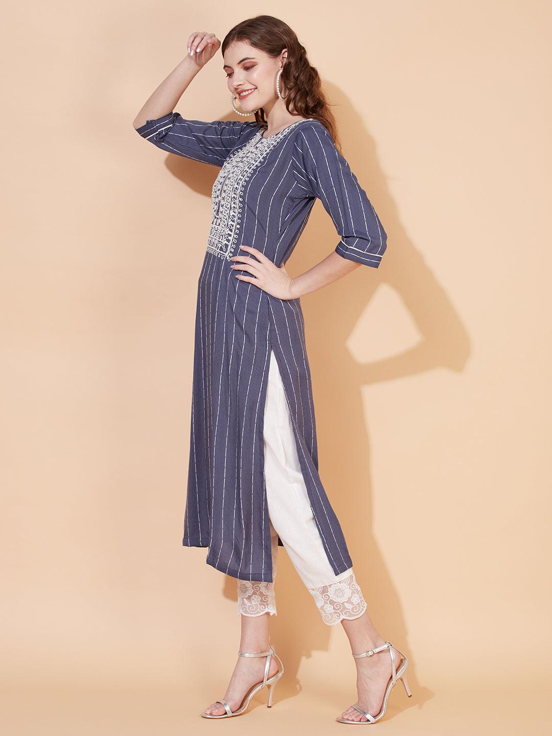 Stripes Woven & Ethnic Embroidered Straight Fit Kurta – Blue - Indiakreations