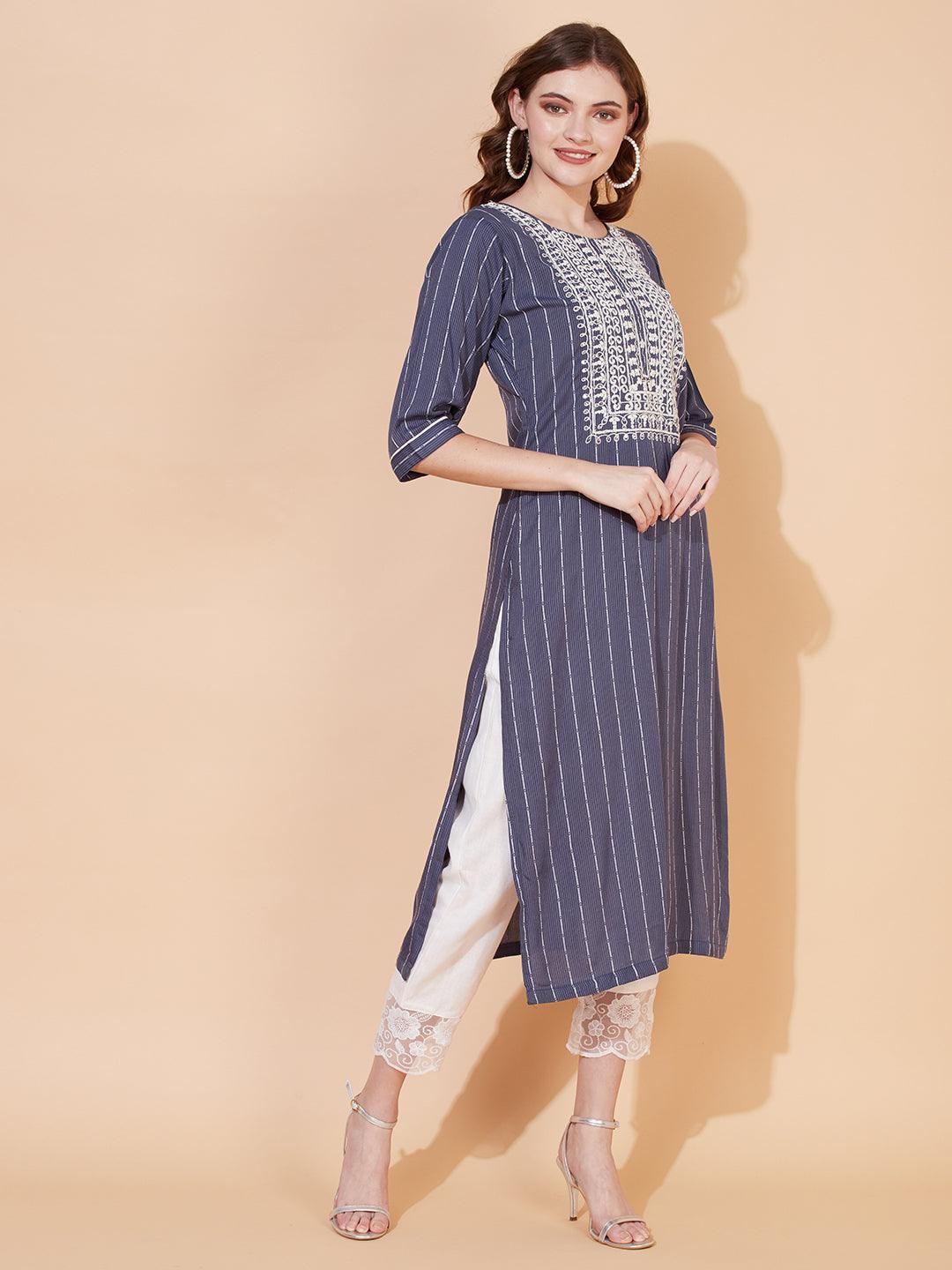 Stripes Woven & Ethnic Embroidered Straight Fit Kurta – Blue - Indiakreations