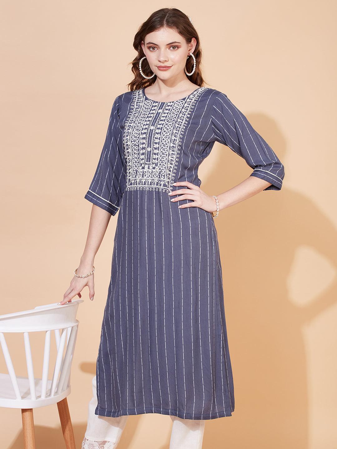 Stripes Woven & Ethnic Embroidered Straight Fit Kurta – Blue - Indiakreations