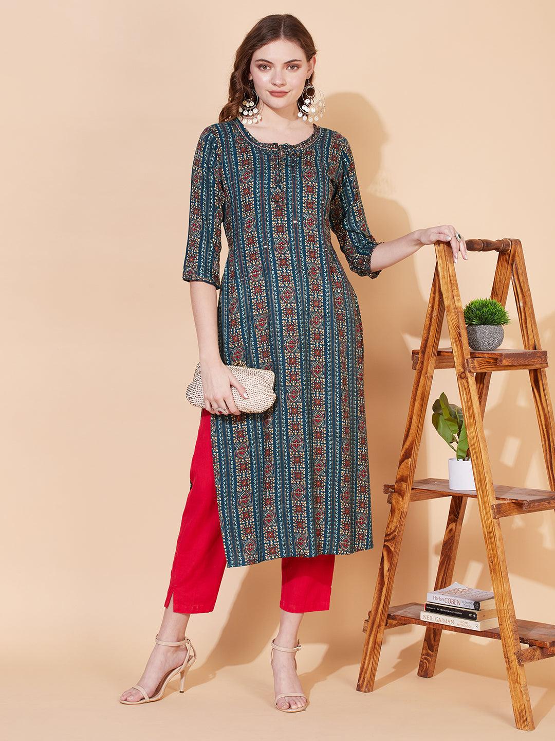 Ethnic Printed & Embroidered Straight Fit Kurta – Multi - Indiakreations