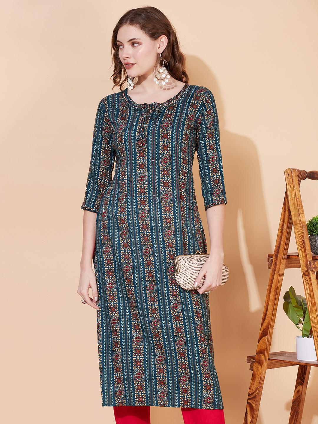 Ethnic Printed & Embroidered Straight Fit Kurta – Multi - Indiakreations