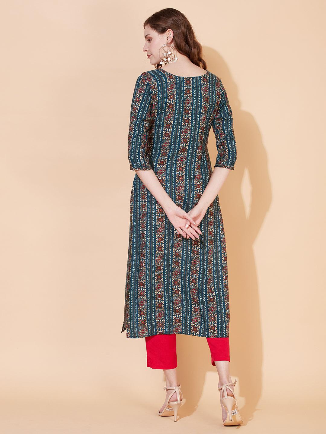 Ethnic Printed & Embroidered Straight Fit Kurta – Multi - Indiakreations