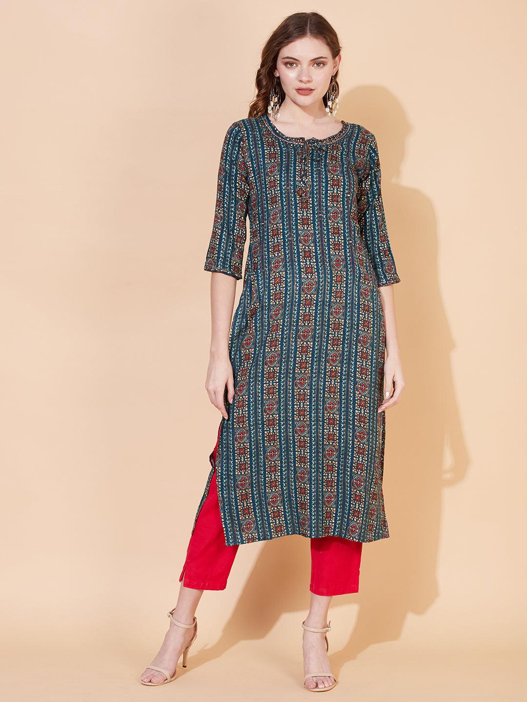 Ethnic Printed & Embroidered Straight Fit Kurta – Multi - Indiakreations