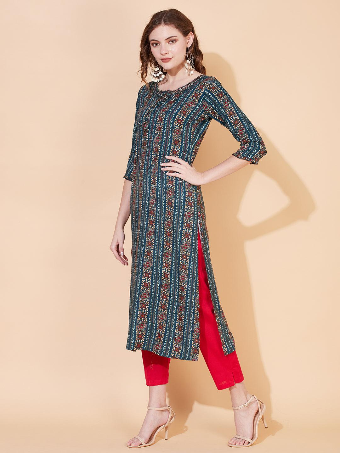 Ethnic Printed & Embroidered Straight Fit Kurta – Multi - Indiakreations