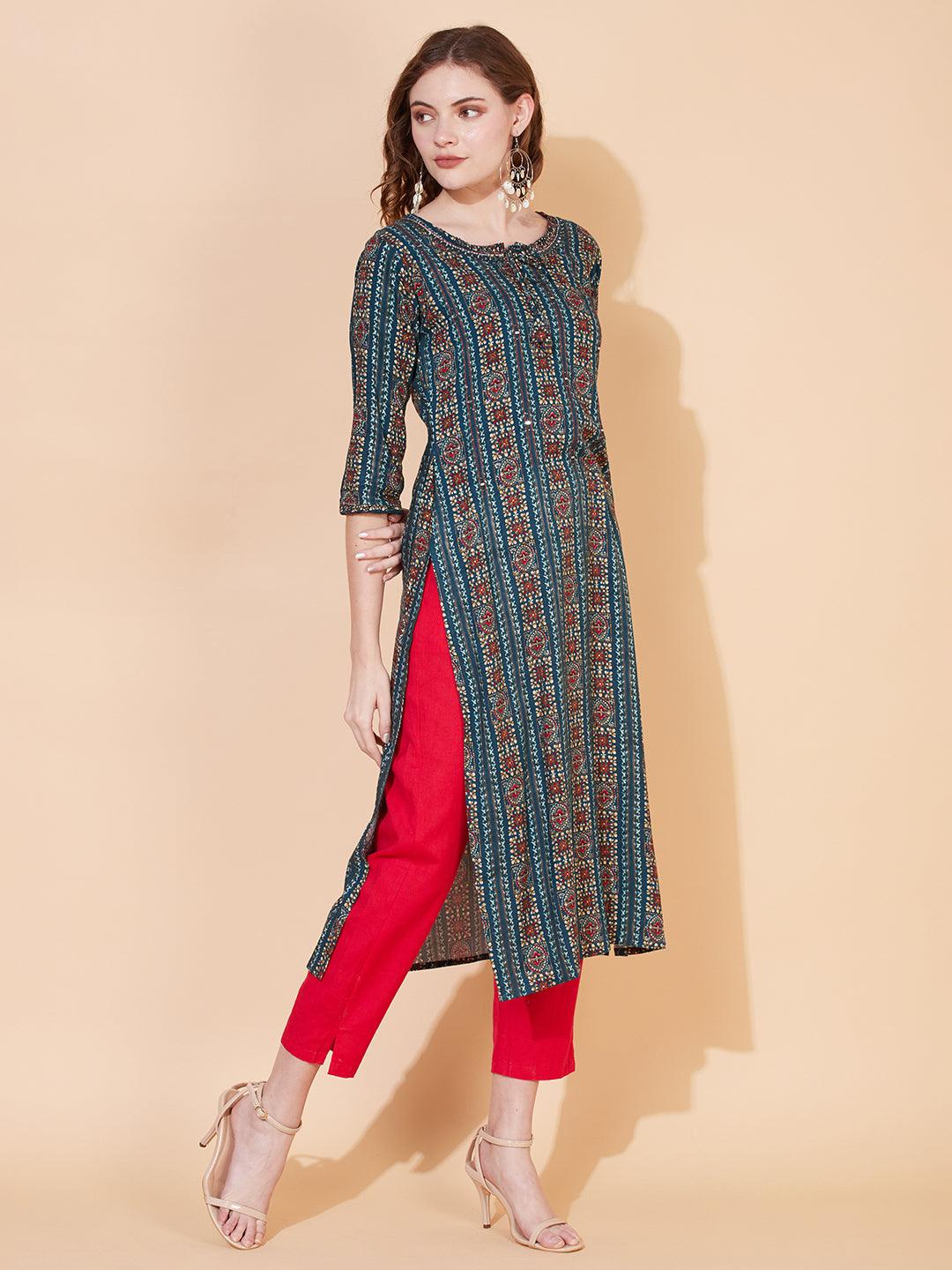 Ethnic Printed & Embroidered Straight Fit Kurta – Multi - Indiakreations