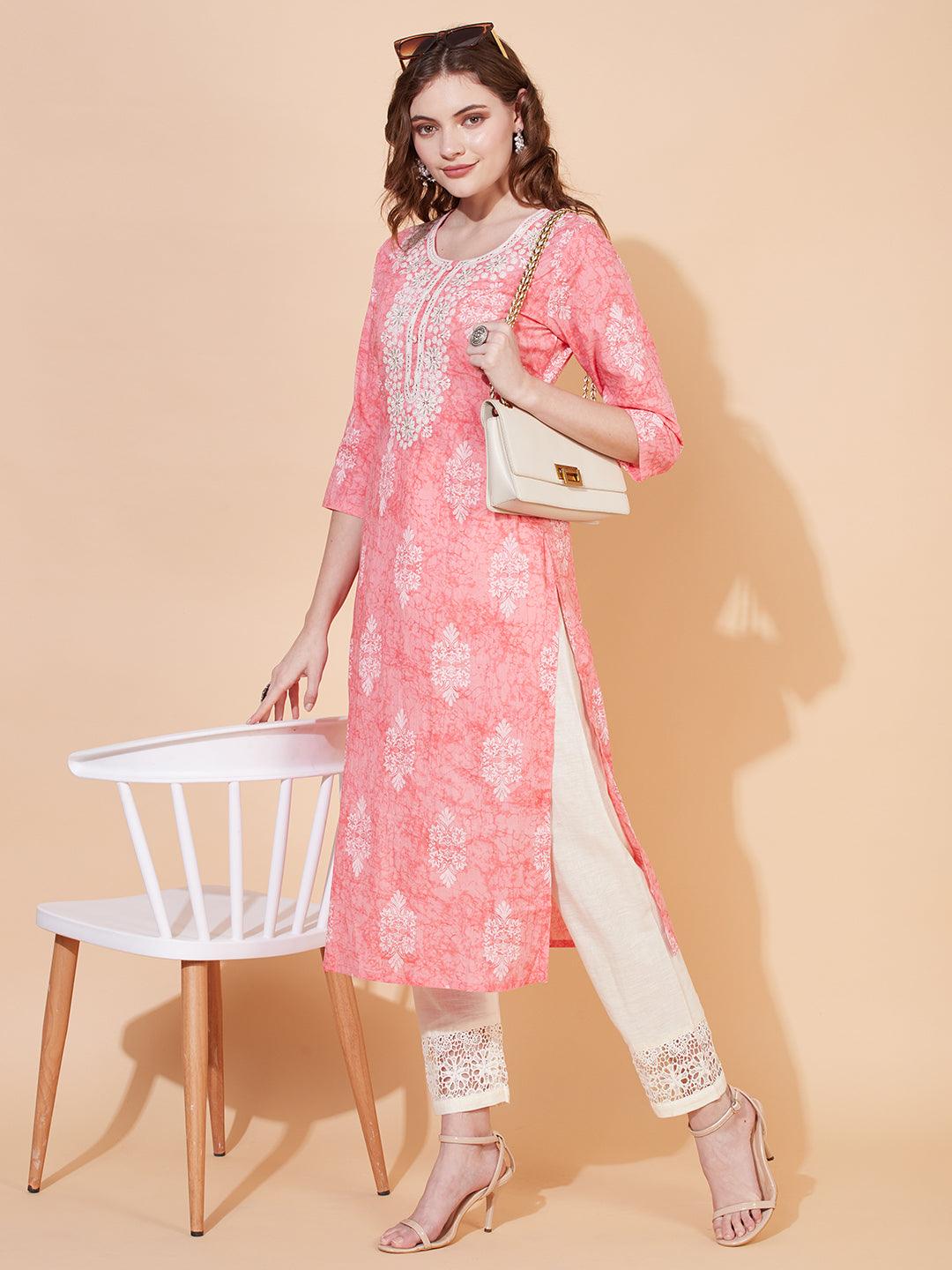 Ethnic Printed & Embroidered Straight Fit Kurta – Pink - Indiakreations