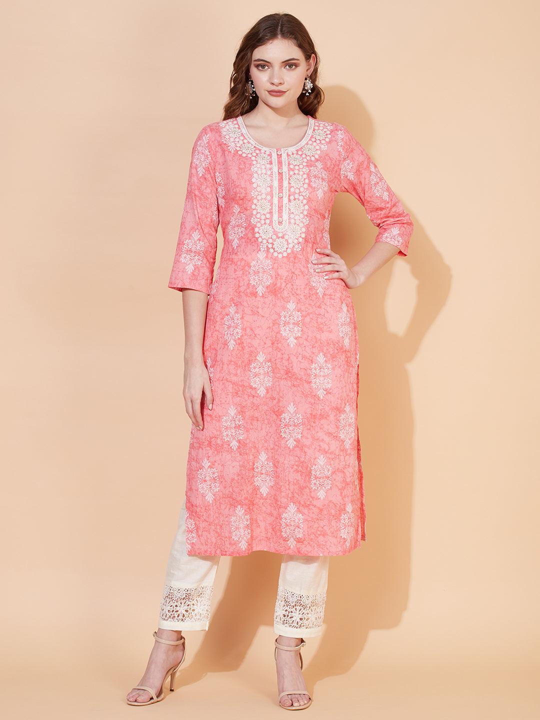 Ethnic Printed & Embroidered Straight Fit Kurta – Pink - Indiakreations