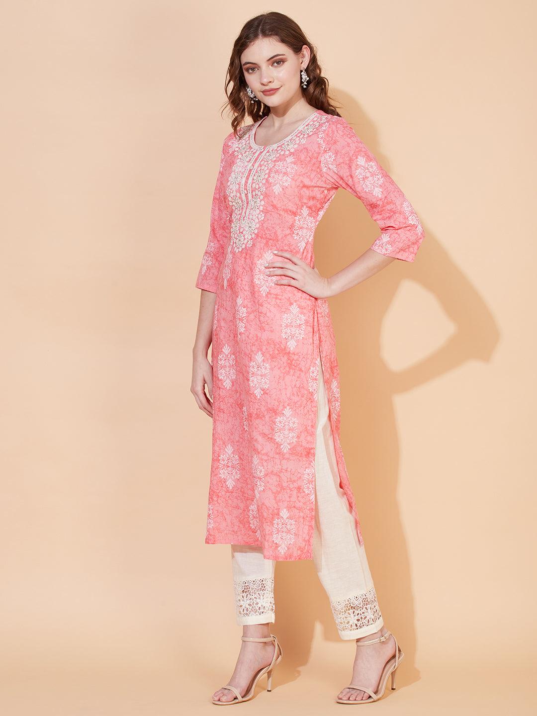 Ethnic Printed & Embroidered Straight Fit Kurta – Pink - Indiakreations