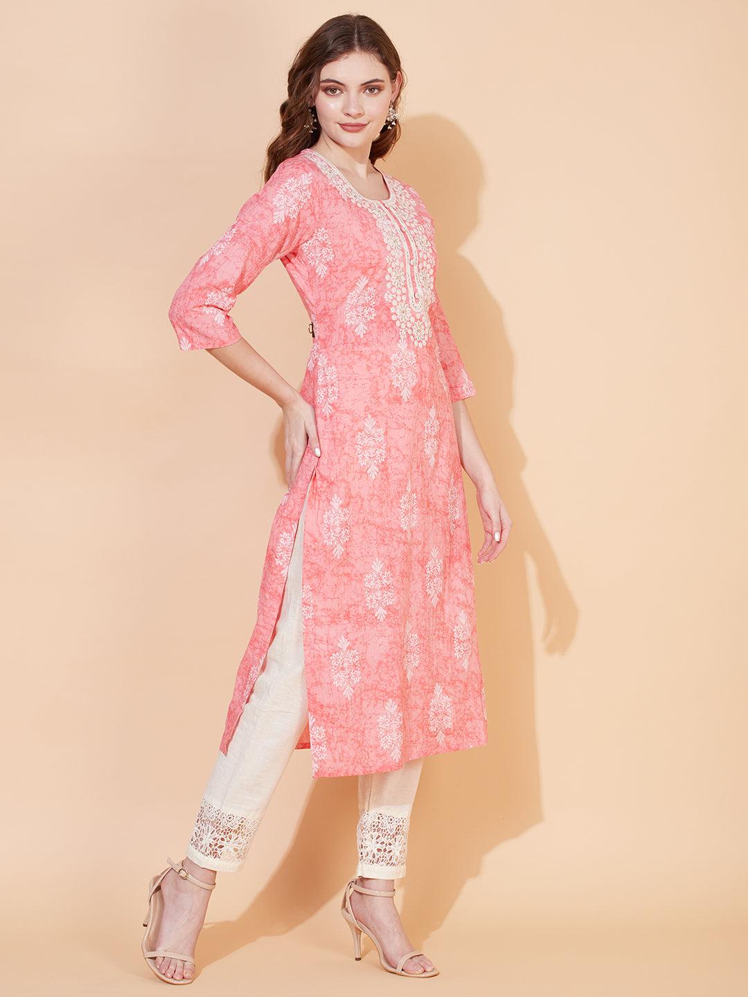 Ethnic Printed & Embroidered Straight Fit Kurta – Pink - Indiakreations