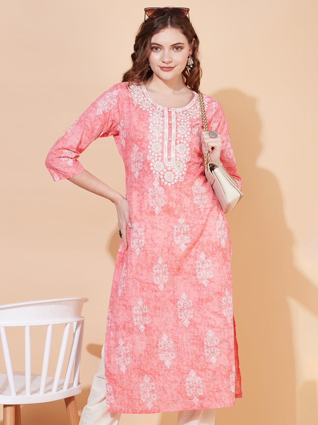 Ethnic Printed & Embroidered Straight Fit Kurta – Pink - Indiakreations