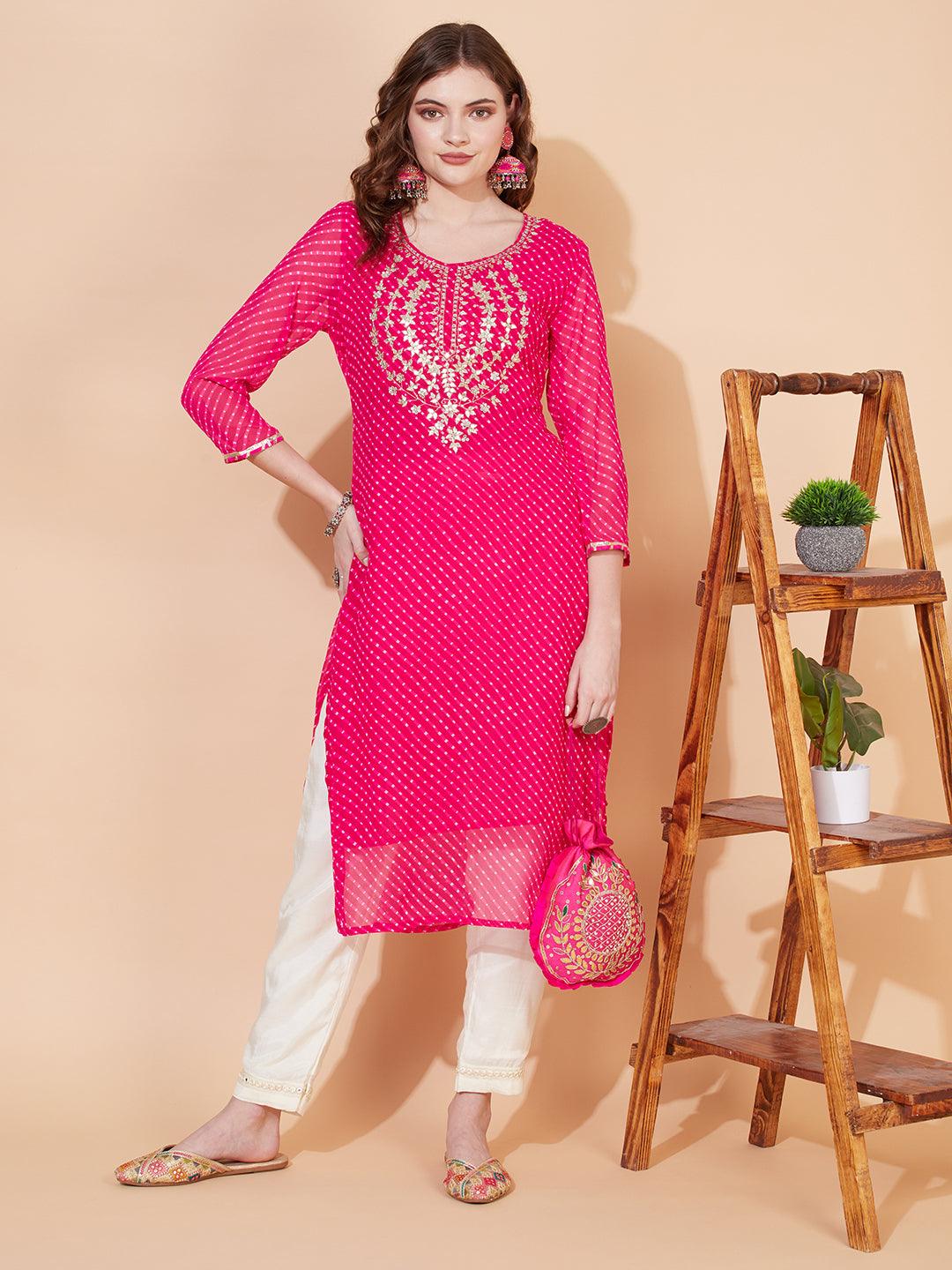 Leheriya Printed & Embroidered Straight Fit Kurta - Rani Pink - Indiakreations