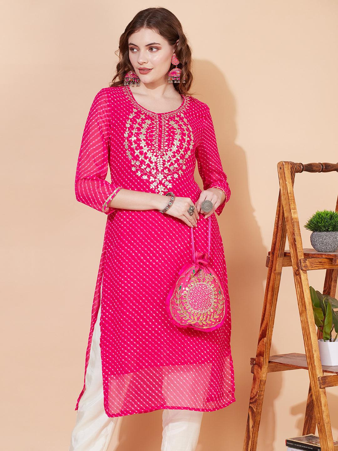 Leheriya Printed & Embroidered Straight Fit Kurta - Rani Pink - Indiakreations