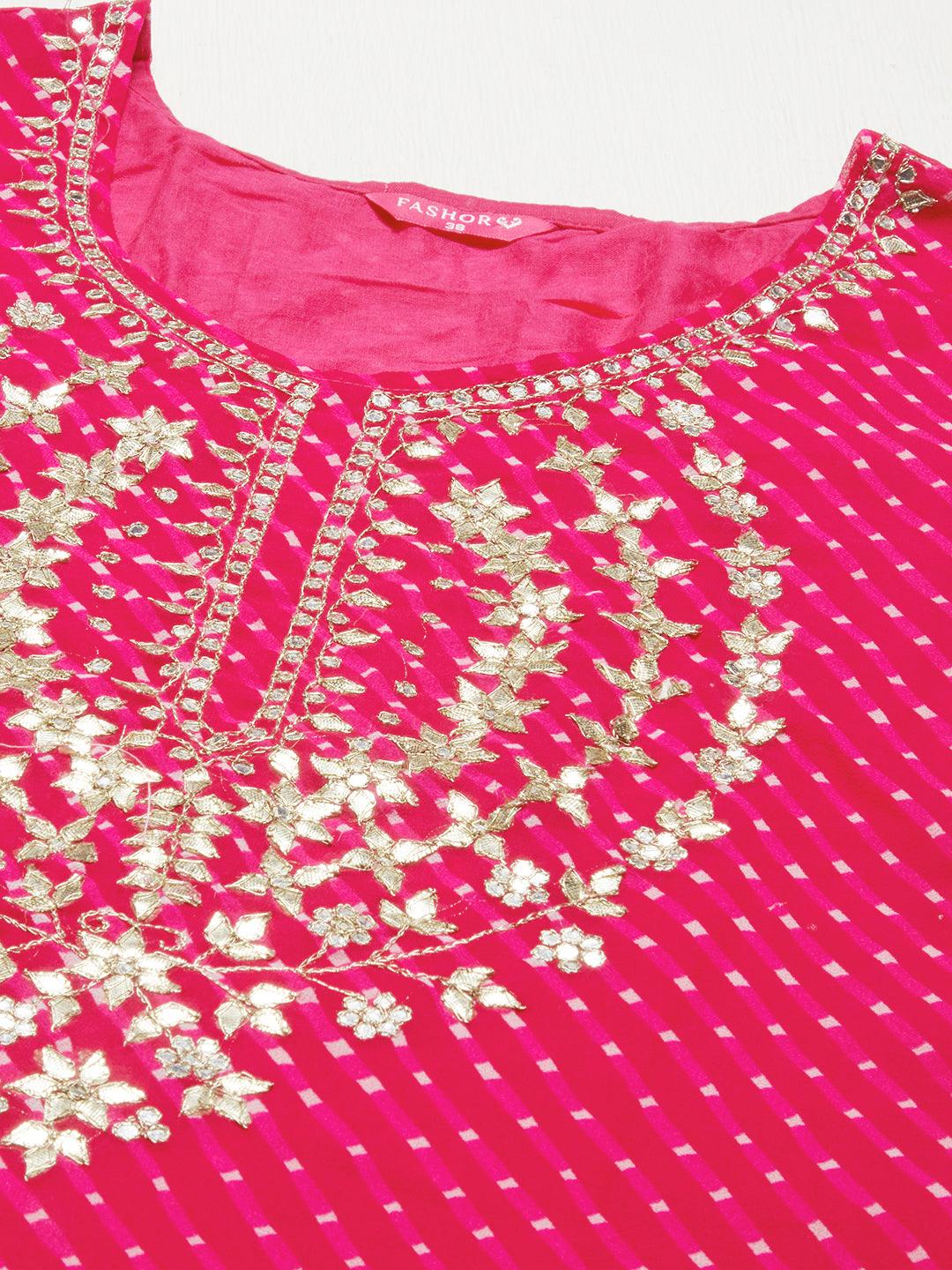 Leheriya Printed & Embroidered Straight Fit Kurta - Rani Pink - Indiakreations