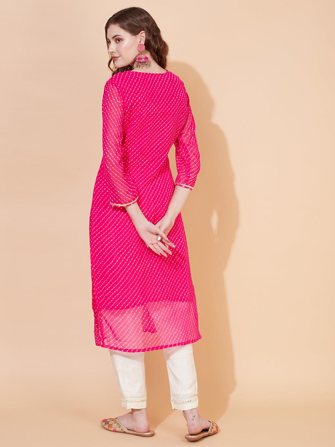 Leheriya Printed & Embroidered Straight Fit Kurta - Rani Pink - Indiakreations