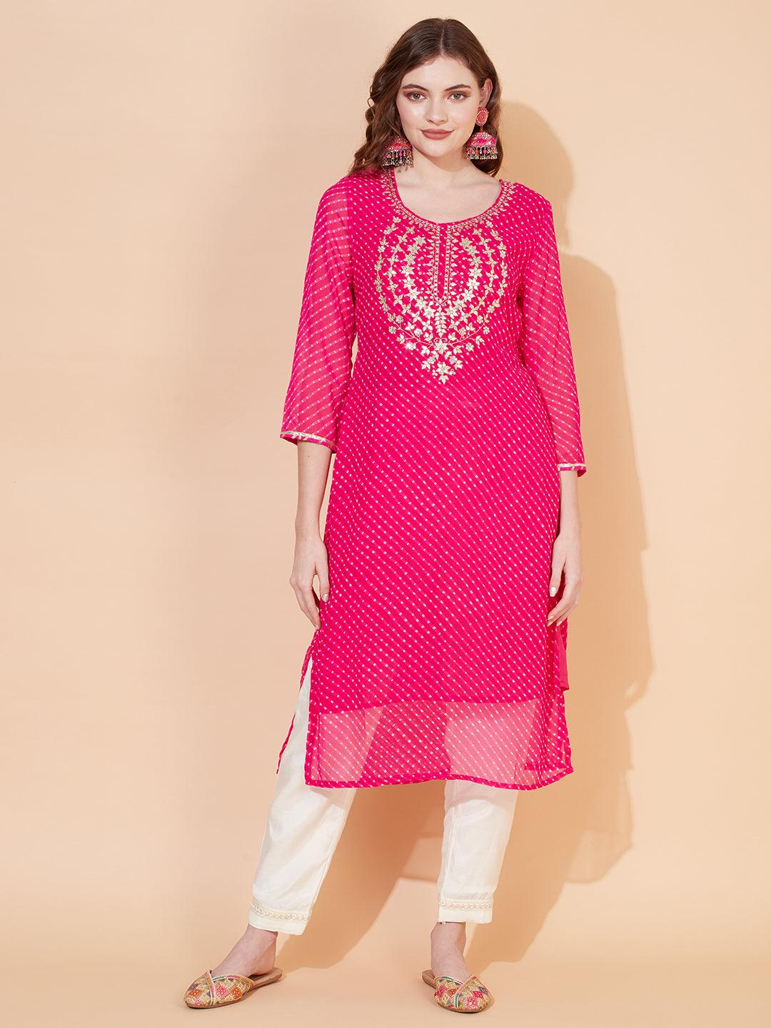 Leheriya Printed & Embroidered Straight Fit Kurta - Rani Pink - Indiakreations