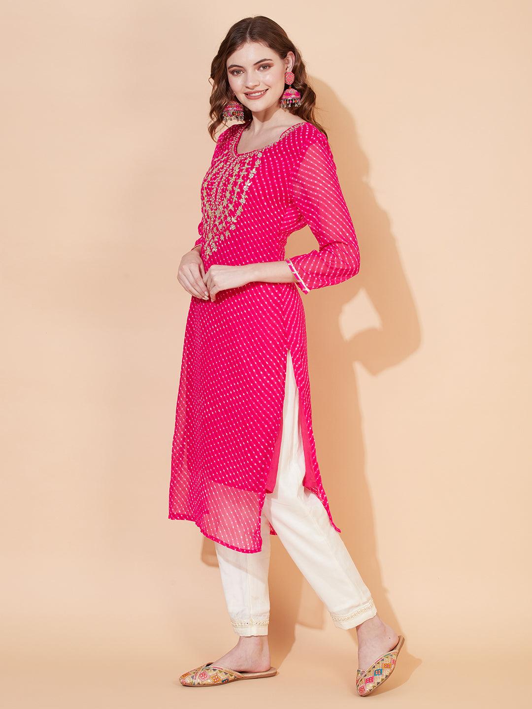 Leheriya Printed & Embroidered Straight Fit Kurta - Rani Pink - Indiakreations