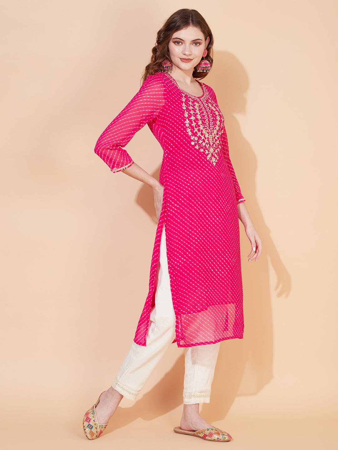 Leheriya Printed & Embroidered Straight Fit Kurta - Rani Pink - Indiakreations