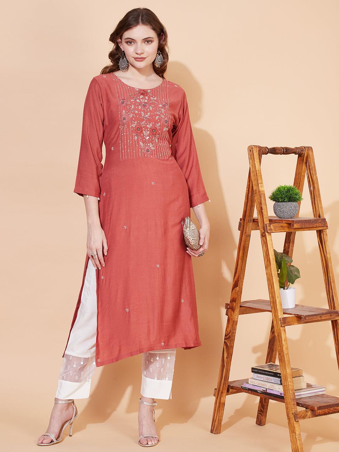 Ethnic Hand Embroidered Straight Fit Kurta – Rust - Indiakreations