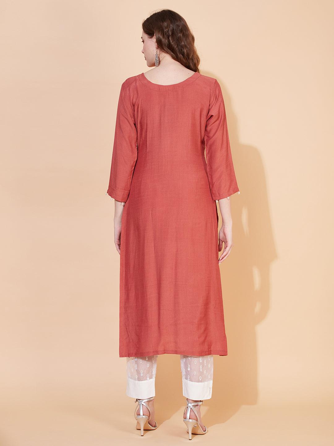 Ethnic Hand Embroidered Straight Fit Kurta – Rust - Indiakreations