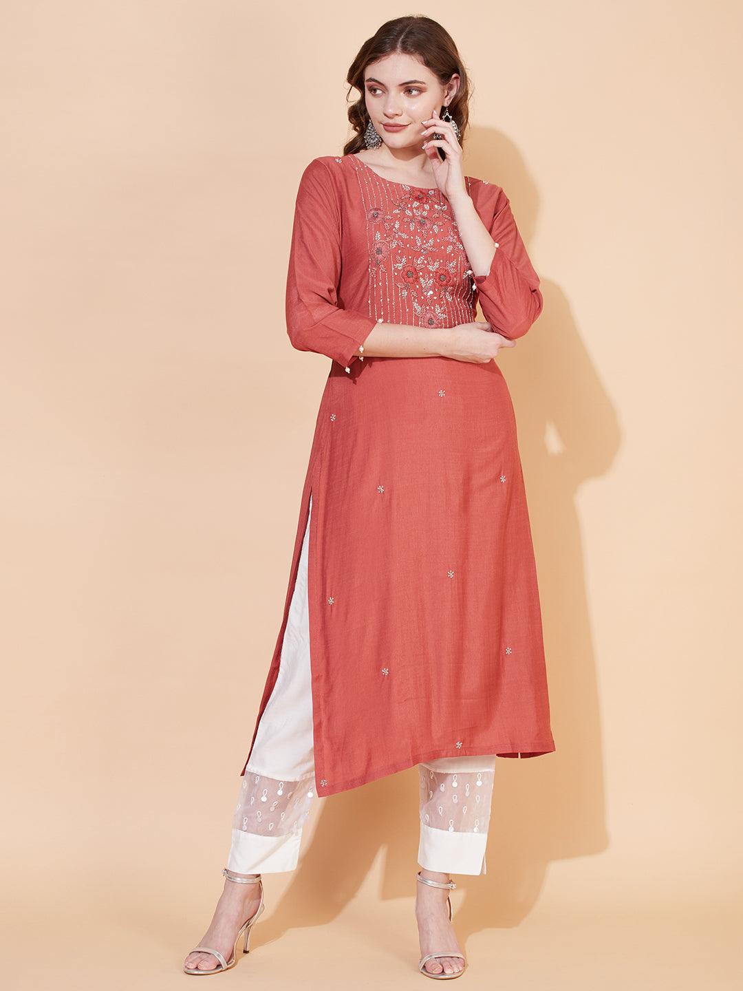 Ethnic Hand Embroidered Straight Fit Kurta – Rust - Indiakreations